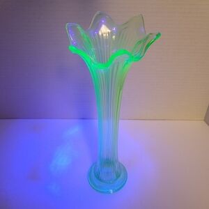 Vintage Uranium Green Glass Handkerchief Top Ribbed Vase